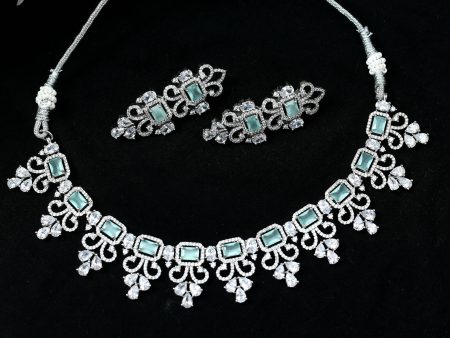 Mominos Fashion Johar Kamal Silver-Plated American Diamond Pista Green Choker Set Supply