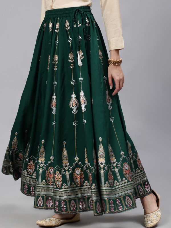 Jaipur Kurti Women Green & Peach-Colored Printed Flared Maxi Skirt For Discount