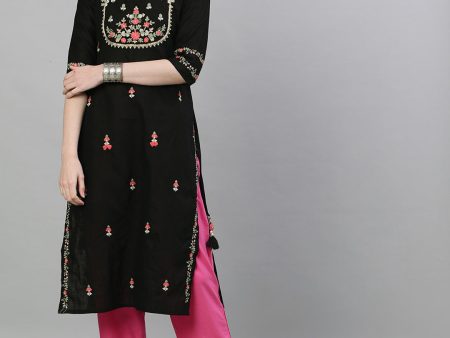 Ishin Women Black & Pink Embroidered Straight Kurta For Sale