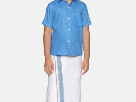 Sethukrishna Boys Blue & White Solid Shirt and Veshti Set Online