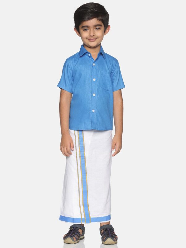 Sethukrishna Boys Blue & White Solid Shirt and Veshti Set Online