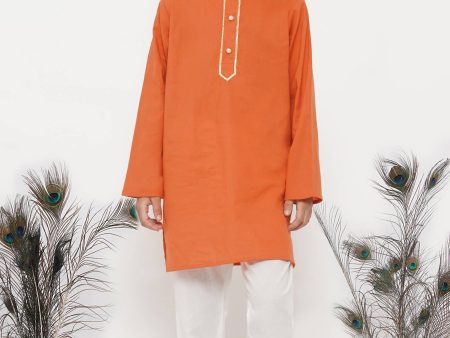 Little Bansi Boys Cotton Kesari Kurta with Pearl Buttons and Pyjama -Orange and Cream Online