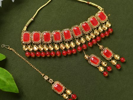 Mominos Fashion Johar Kamal Gold-Plated Brass Finish Kundan Pearls Choker For Women (Red) on Sale