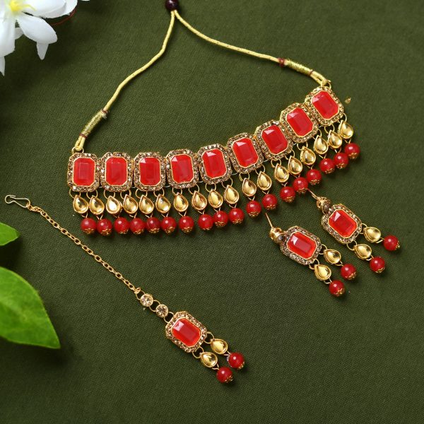 Mominos Fashion Johar Kamal Gold-Plated Brass Finish Kundan Pearls Choker For Women (Red) on Sale