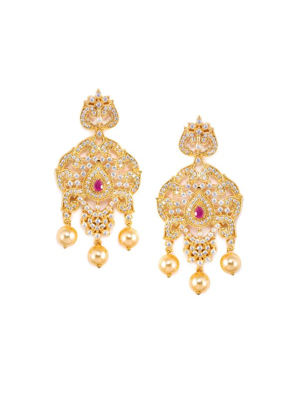 Saraf RS Jewellery Gold-Plated White & Magenta American Diamond Studded Jewellery Set For Sale