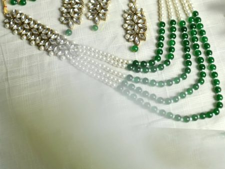 Mominos Fashion Johar Kamal Gold-Plated Rani Haar with Green and Off white Pearls Jewellery Set For Discount