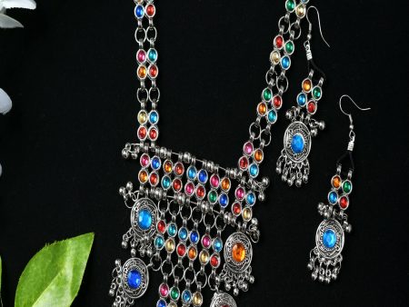 Mominos Fashion Johar Kamal Oxidised Silver-Plated Brass Finish Multi Kundan Afghani Long Necklace For Women Online now