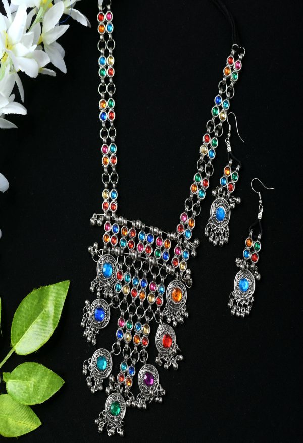 Mominos Fashion Johar Kamal Oxidised Silver-Plated Brass Finish Multi Kundan Afghani Long Necklace For Women Online now