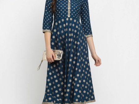 Rudra Bazaar A-Line Gold Floral Printed Turquoise Blue Kurti Cheap