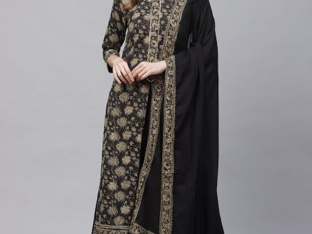 Ishin Women Black & Beige Gotta Patti Floral Foil Printed High Slit Kurta Set Online