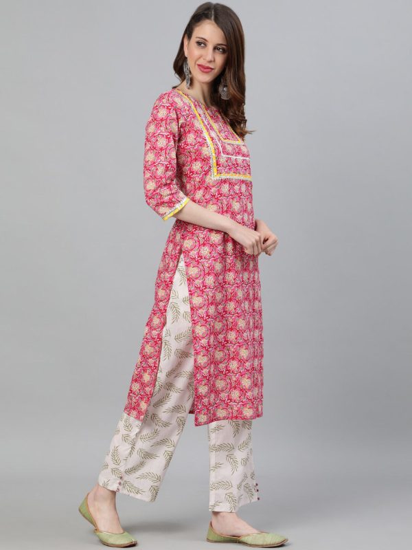 Jaipur Kurti Women Pink & Cream-Coloured Printed Kurta with Trousers & Dupatta Online Hot Sale