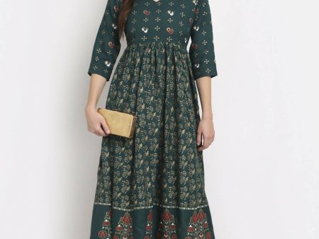 Rudra Bazaar Floral Printed A-Line Flared Green Kurti Online Hot Sale