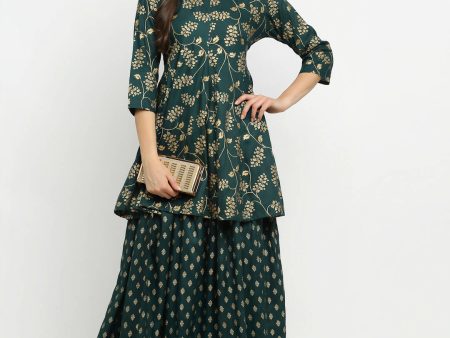 Rudra Bazaar Green Gold Printed Short Kurti With Skirt Online Hot Sale