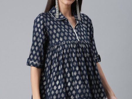 Ahalyaa Viscose Rayon Navy Blue Foil Silver Printed Western Tunic For Cheap