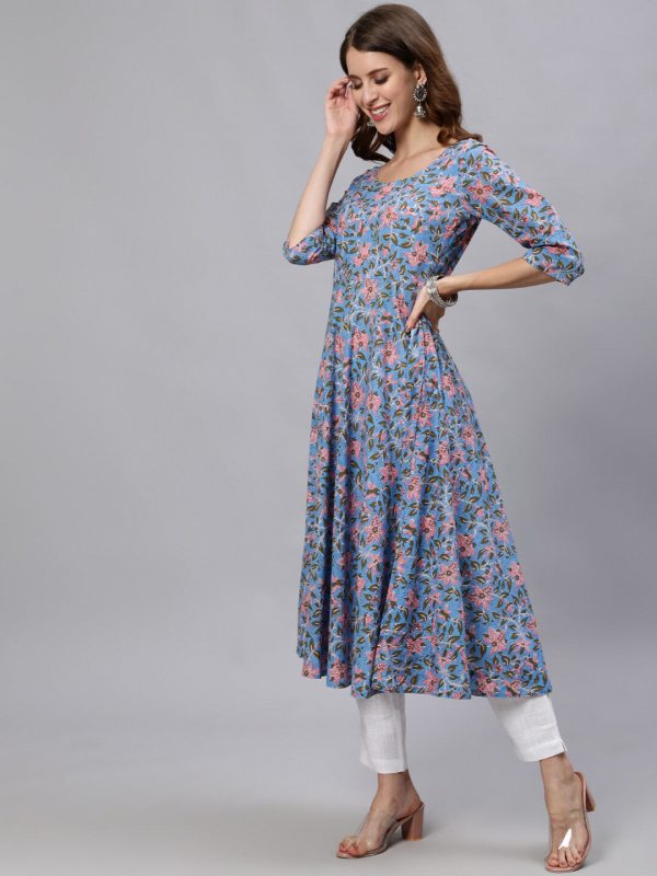 Jaipur Kurti Women Blue Floral Printed Cotton Anarkali Kurta Hot on Sale