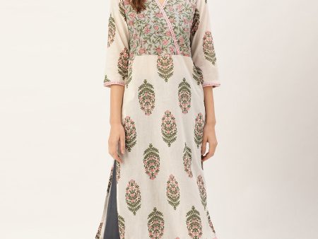 Jaipur Kurti Women Off-White & Pink Printed Straight Kurta Supply