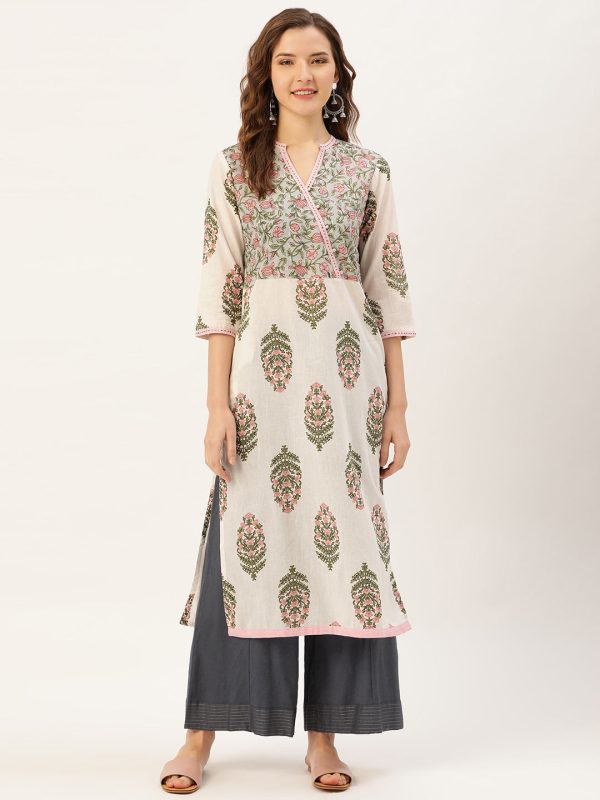 Jaipur Kurti Women Off-White & Pink Printed Straight Kurta Supply