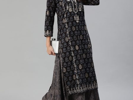 Ishin Women Black Beige Printed Sequinned Gotta Patti Kurta Set Supply