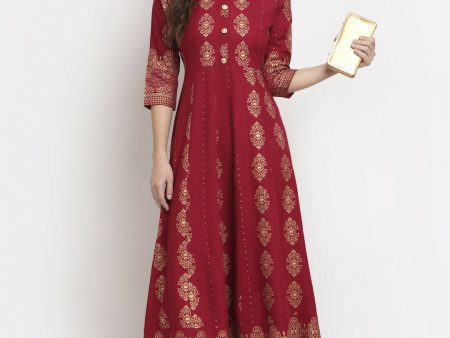 Rudra Bazaar Gold Printed Flared Anarkali Maroon kurti Online