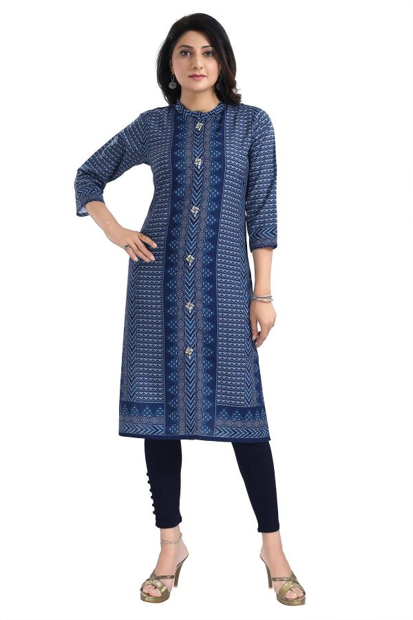 Snehal Creations Blue Designer Digital Print Cotton Slub Fabric Long Kurti Tunic For Sale