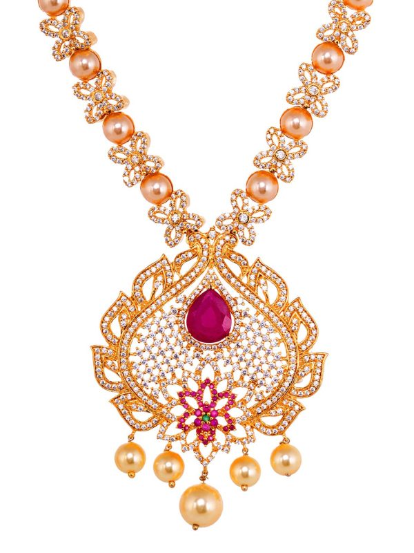 Saraf RS Jewellery Gold-Plated White & Pink American Diamond Studded & Beaded Handcrafted Jewellery Set on Sale