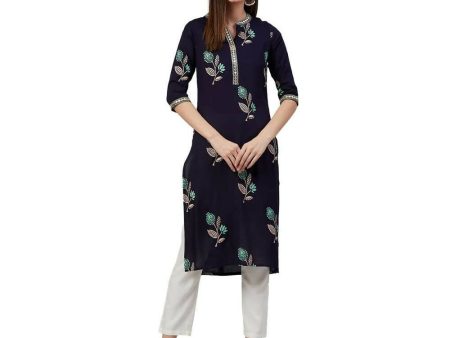 Anubhutee Women s Regular Printed Mirror Work Floral Navy Blue Kurta Discount