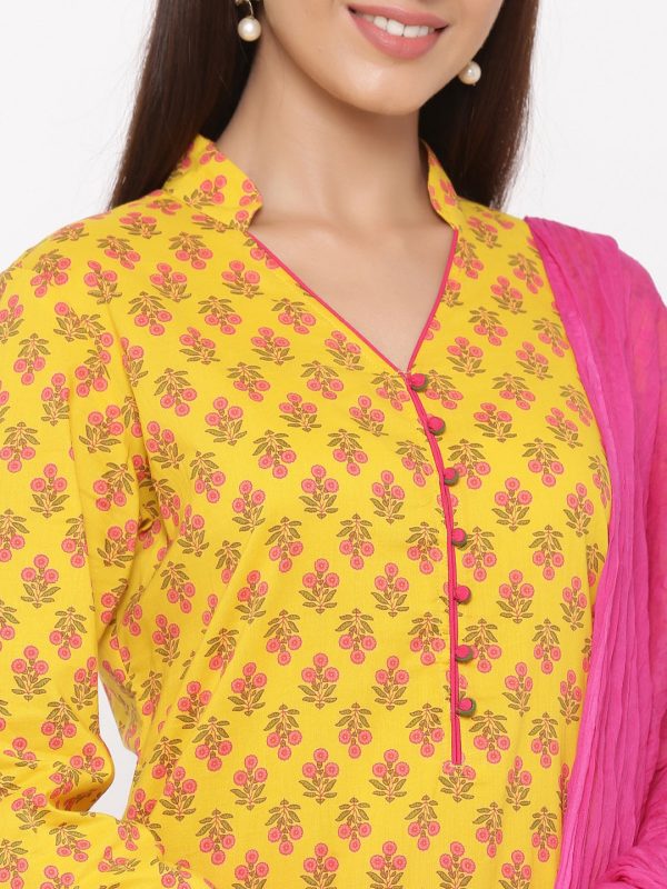 Jaipur Kurti Women Yellow & Pink Floral Printed Kurta with Salwar & Dupatta on Sale