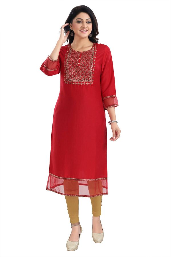 Snehal Creations Mighty Red Art Silk Designer Long Kurti Tunic With Zari Embroidery Online