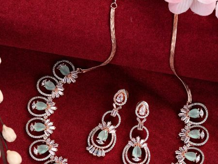 Saraf RS Jewellery Rose Gold-Plated & Sea Green American Diamond Studded Jewellery Set For Sale