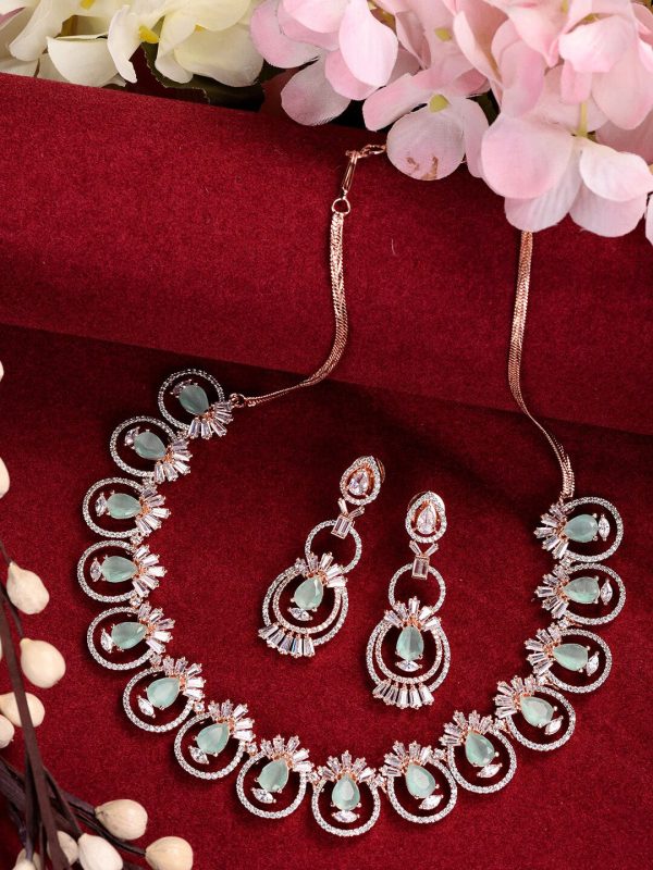 Saraf RS Jewellery Rose Gold-Plated & Sea Green American Diamond Studded Jewellery Set For Sale