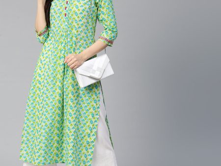 Jaipur Kurti Women Blue & Green Printed Straight Kurta Online now