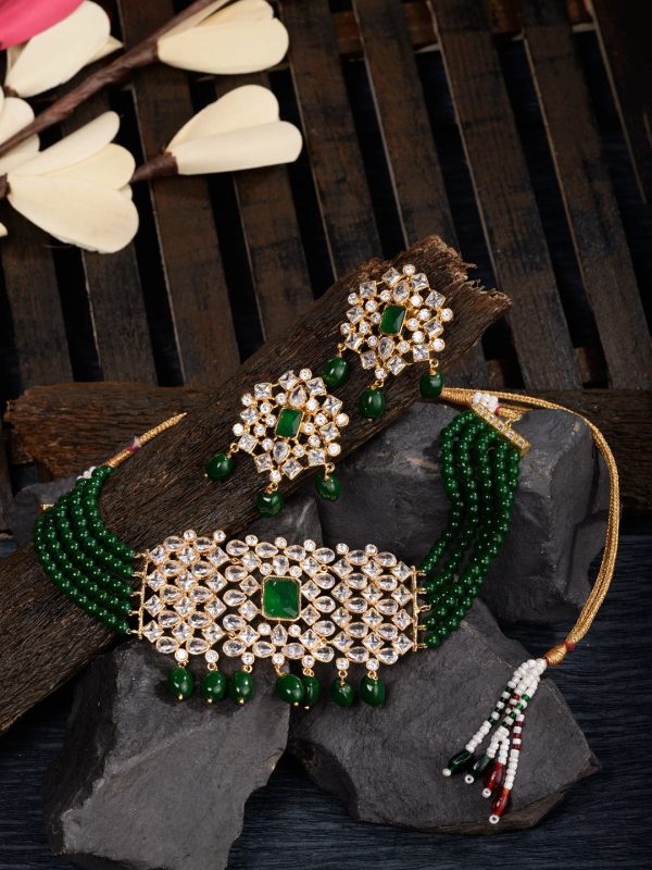 Saraf RS Jewellery Gold-Plated White & Green American Diamond Studded Choker Jewellery Set Online