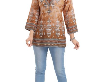 Snehal Creations Rustic Brown Faux Crepe Printed Short Kurti Tunic Top Supply