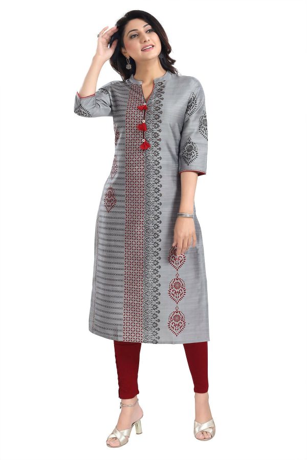 Snehal Creations Grey Raw Silk Block Print Long Kurta For Women Sale