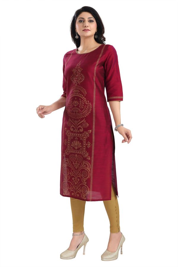 Snehal Creations Majenta Raw Silk Block Print Long Kurta For Women Hot on Sale