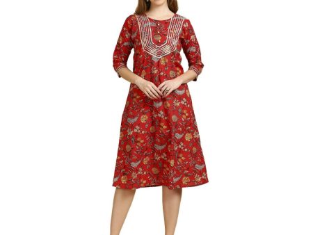 Anubhutee Women s Cotton A-Line Midi Casual Red Dress Hot on Sale