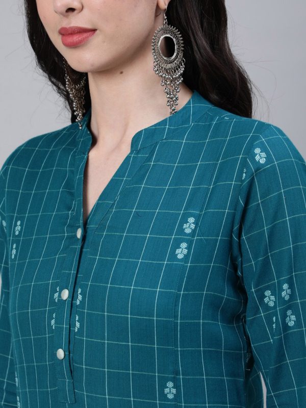 Jaipur Kurti Women Teal Checked Kurta Cheap