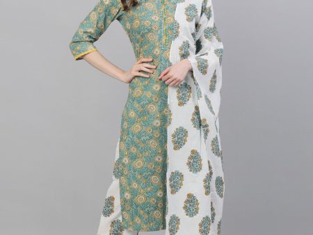 Jaipur Kurti Women Green & Off-White Printed Kurta with Trousers & Dupatta Online Hot Sale