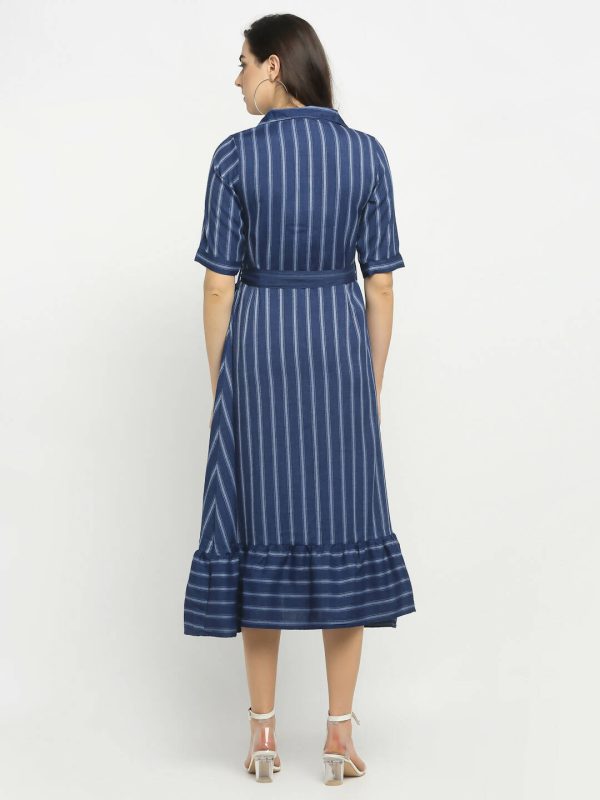 Rudra Bazaar Blue A-Line Striped Kurta Online Sale