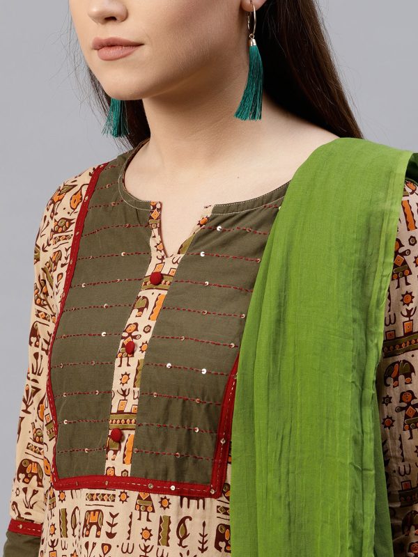 Jaipur Kurti Women Beige & Green Printed Kurta with Salwar & Dupatta For Sale