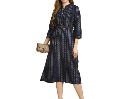 Anubhutee Women s Cotton A-Line Midi Casual Navy Blue Dress For Sale