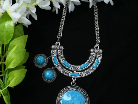 Mominos Fashion Johar Kamal Oxidised Silver-Plated Stone Work Long Necklace Handicraft Sky Blue on Sale