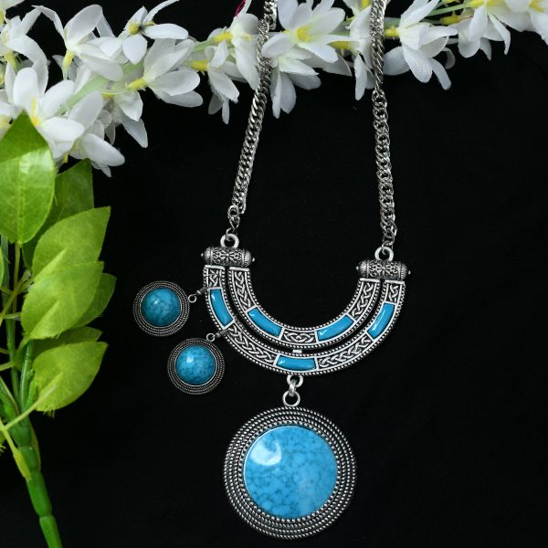 Mominos Fashion Johar Kamal Oxidised Silver-Plated Stone Work Long Necklace Handicraft Sky Blue on Sale