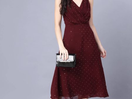 Myshka Georgette Solid Sleeveless Shoulder Straps Maroon Women Dress Cheap