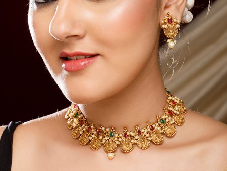 Rubans 24K Gold-Plated Red & Green Stone-Studded & Beaded Filgree Handcrafted Jewellery Set Hot on Sale