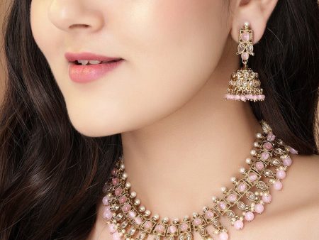 Rubans Gold-Plated Pink & White Stone-Studded Beaded Handcrafted Jewellery Set Online now