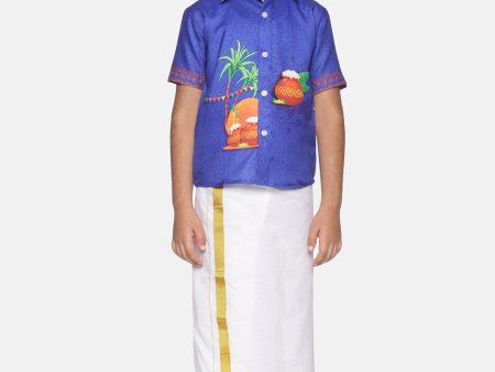 Sethukrishna Boys Blue & White Printed Shirt With Pure Cotton Dhoti Set Cheap