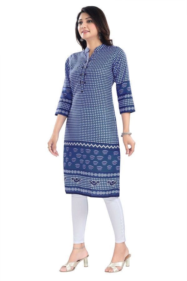 Snehal Creations Indigo Blue Designer Digital Print Cotton Slub Fabric Long Kurti Tunic For Discount