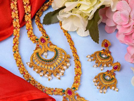 Saraf RS Jewellery Gold-Plated Red & Green Bridal Temple Jewellery Set Online Sale