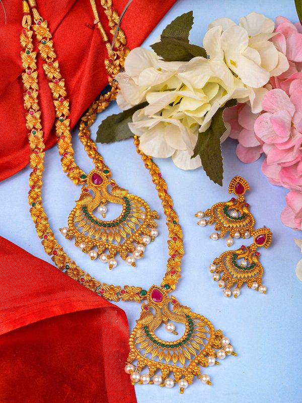 Saraf RS Jewellery Gold-Plated Red & Green Bridal Temple Jewellery Set Online Sale